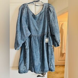 Free People Indigo Denim Dress with Puff Sleeves
